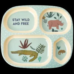 Rice Barnetallerken med 4 rom, Blå jungeldyr, Clearance