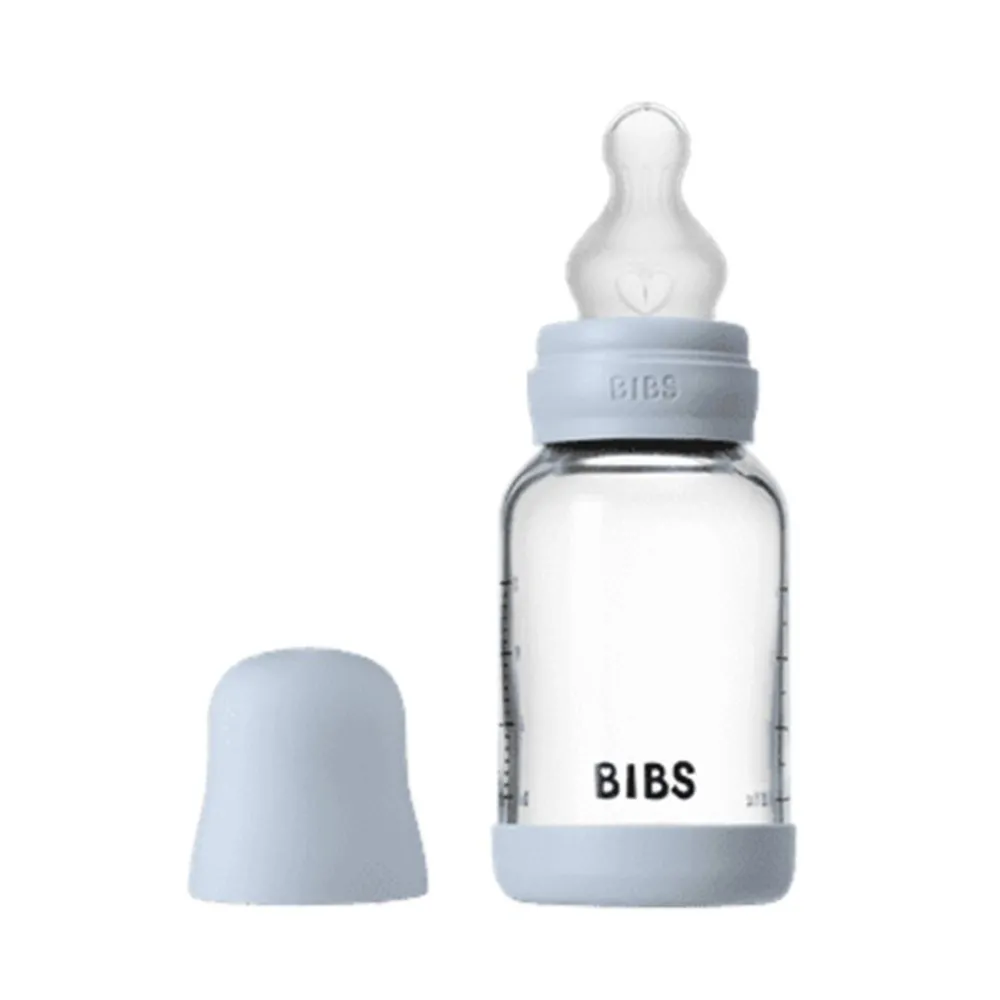 BIBS Glassflaske, Silikon, 120 ml, Slow Flow, Baby Blue Best