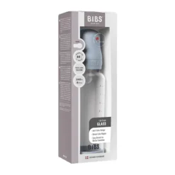 BIBS Glassflaske, Silikon, 240 ml, Medium Flow, Baby Blue New