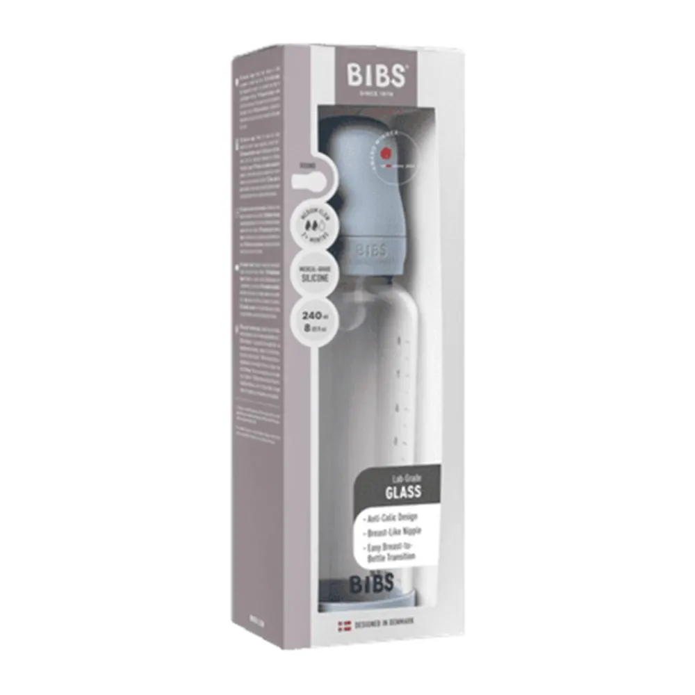 BIBS Glassflaske, Silikon, 240 ml, Medium Flow, Baby Blue New