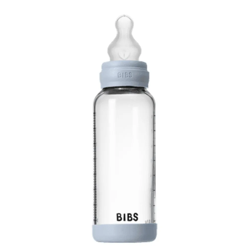BIBS Glassflaske, Silikon, 240 ml, Medium Flow, Baby Blue New