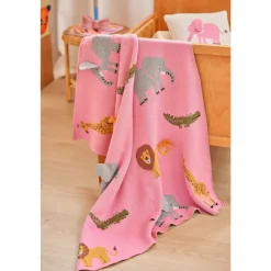 Rice Strikket babyteppe i rosa med dyr og 3D-detaljer, Hot